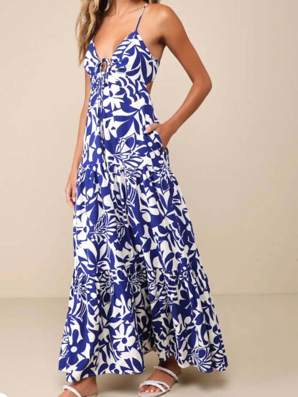 Lulus Mykonos Memories Blue and Ivory Abstract Maxi Dress With Pockets